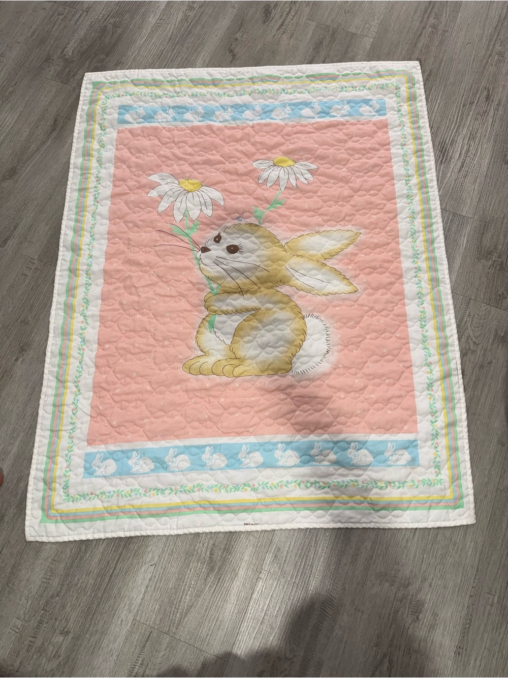 Vintage Pink Bunny Quilted Throw with Daisy Motif